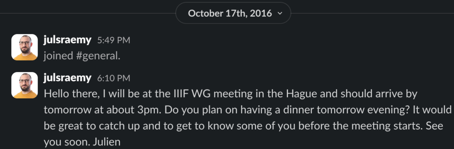 My first message on the IIIF Slack workspace